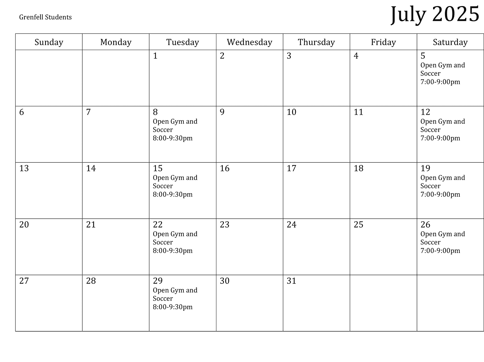 July Schedule